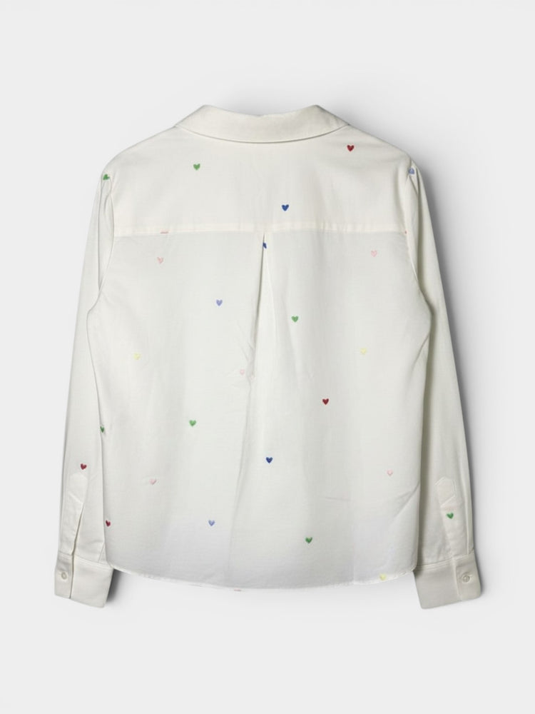 White Cotton Embroidered Heart Button-Down Shirt