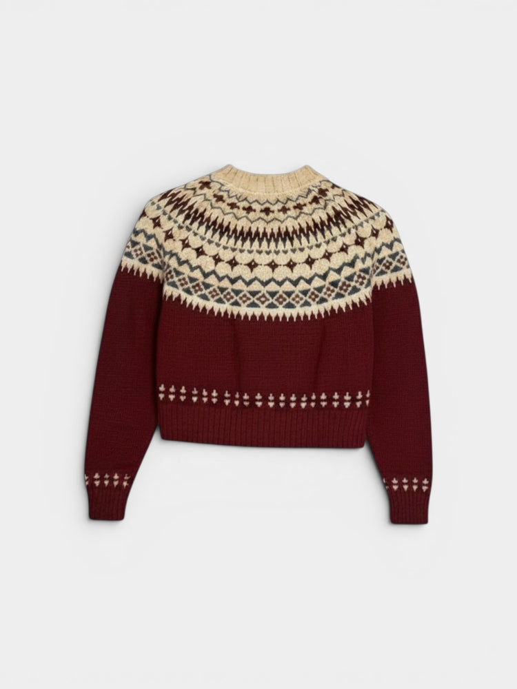 Burgundy Fair Isle Yoke Cropped Cardigan