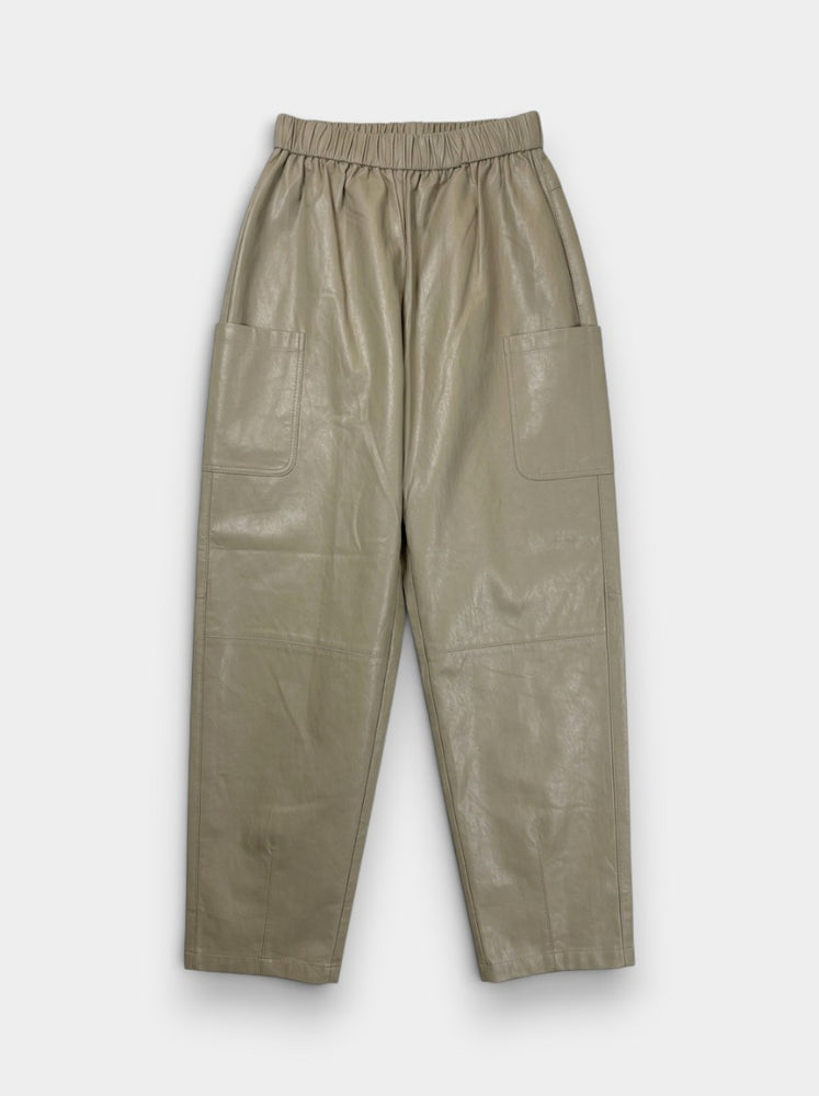 Khaki Faux Leather Barrel-Leg Trousers
