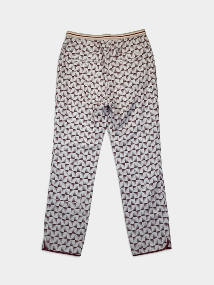 Ivory Burgundy Geometric Print Linen Trousers