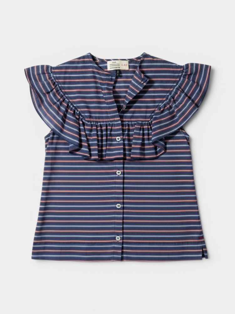 Navy Striped Ruffle Blouse