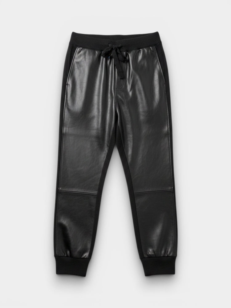 Black Knit and Faux Leather Joggers