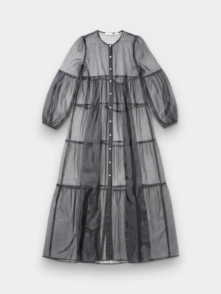 Sheer Black Tiered Maxi Dress with Balloon Sleeves and Button Front