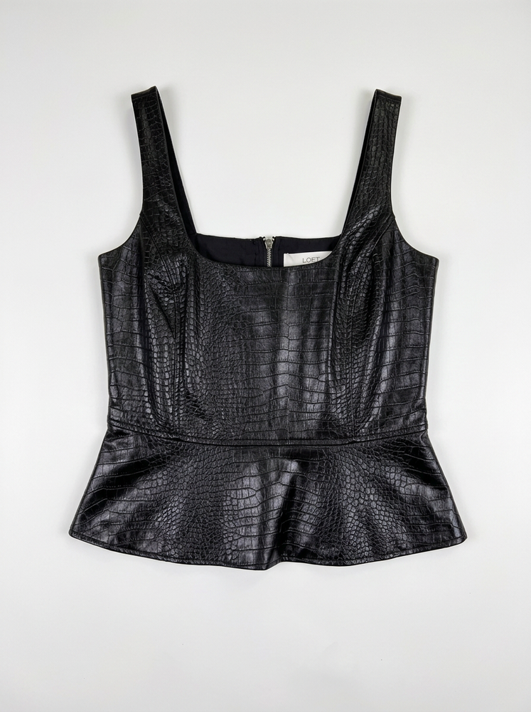 Black Croc Embossed Faux Leather Peplum Top