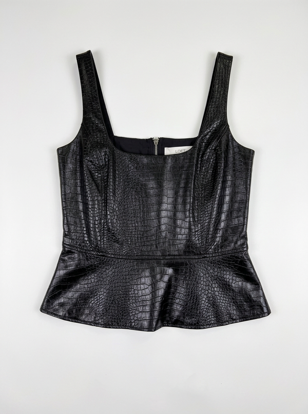 Black Croc Embossed Faux Leather Peplum Top