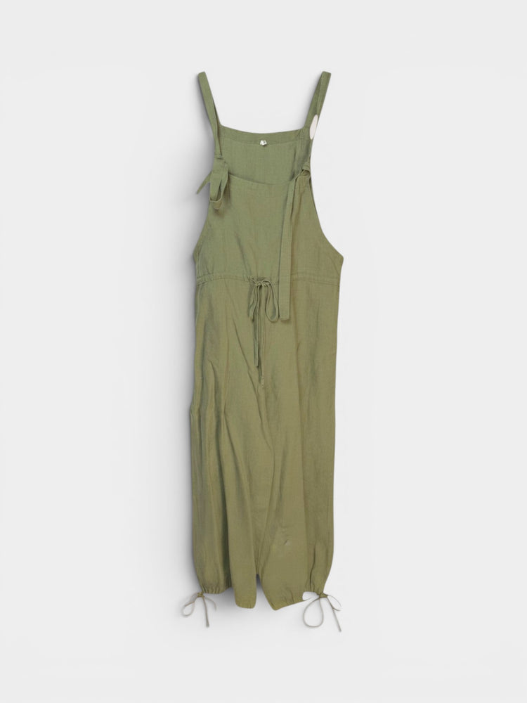 Olive Linen Blend Relaxed Fit Overall Jumpsuit