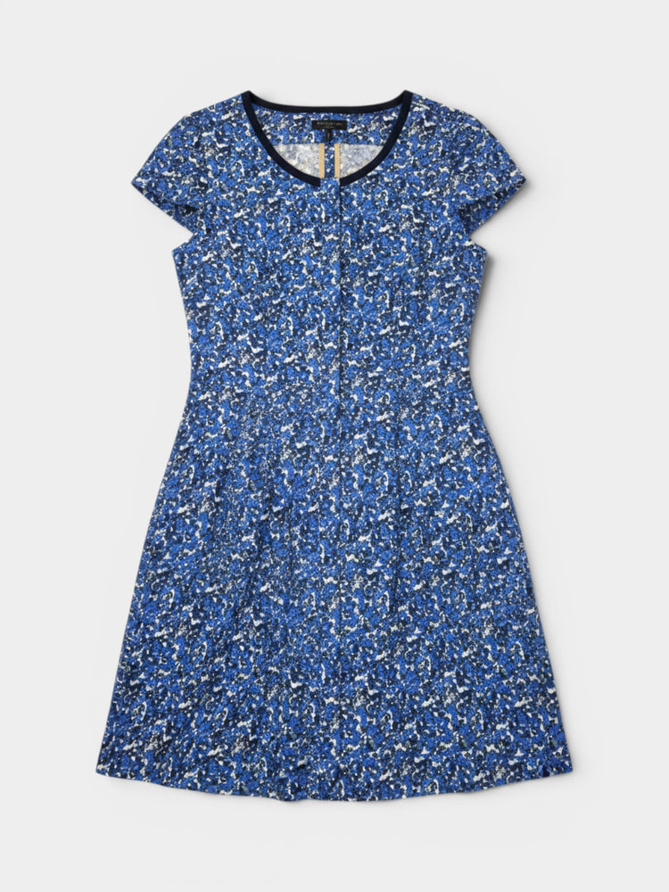 Blue Floral Print Cap Sleeve A-Line Dress