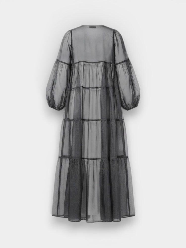 Sheer Black Tiered Maxi Dress with Balloon Sleeves and Button Front
