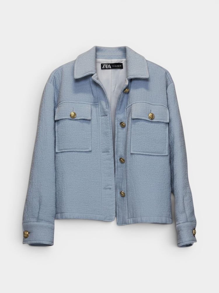 Light Blue Textured Cropped Jacket with Gold Buttons