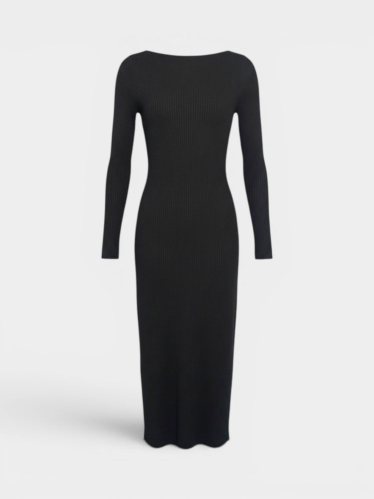 Black Ribbed Knit Long-Sleeve Bodycon Dress