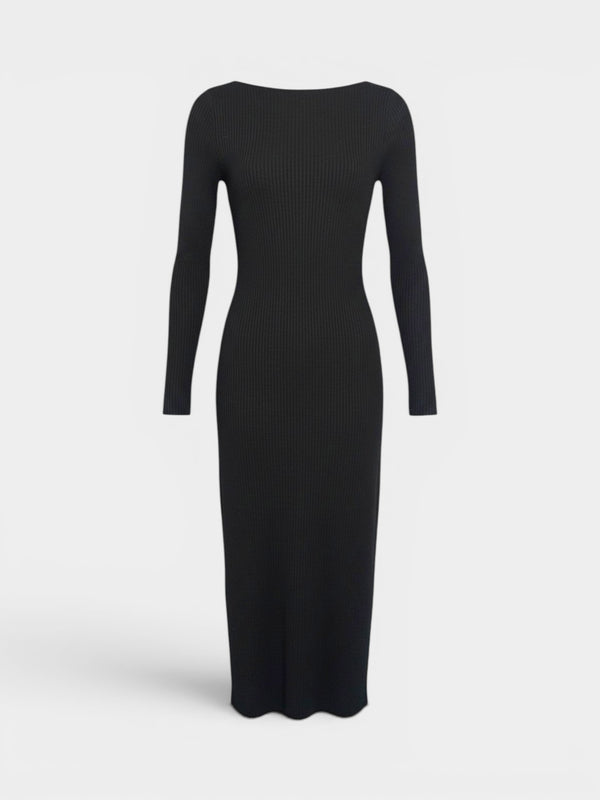 Black Ribbed Knit Long-Sleeve Bodycon Dress