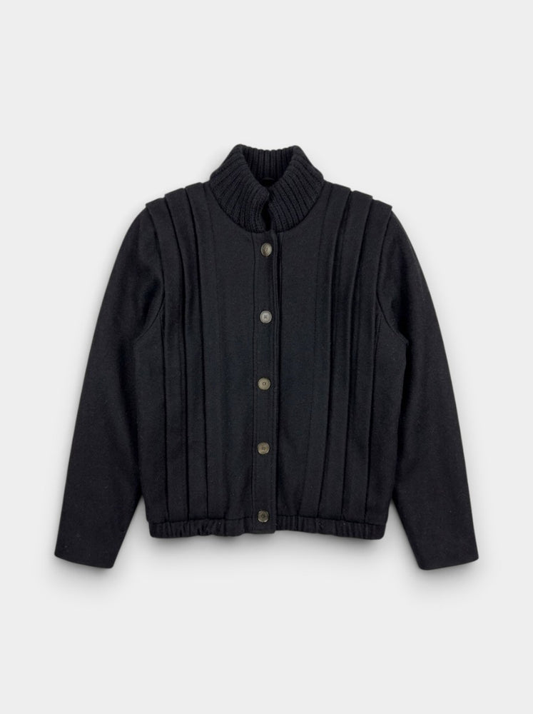 Black Wool Blend Cropped Jacket with Knit Collar