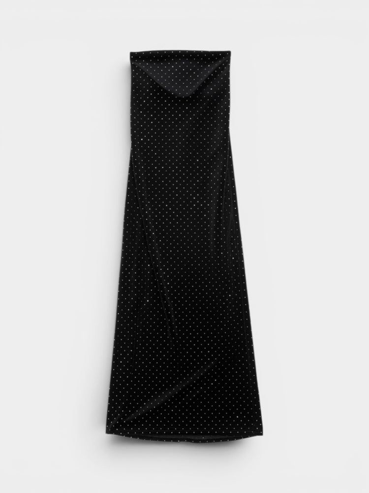 Black Crystal Embellished Velvet Strapless Maxi Dress