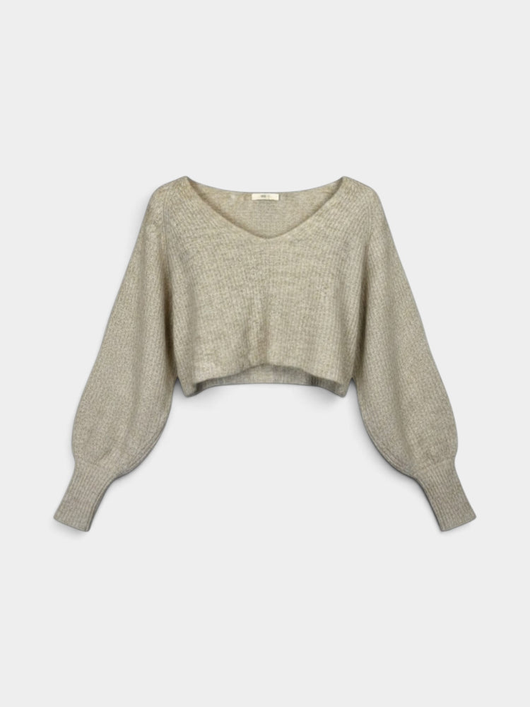 Tan Alpaca Blend Cropped V-Neck Sweater