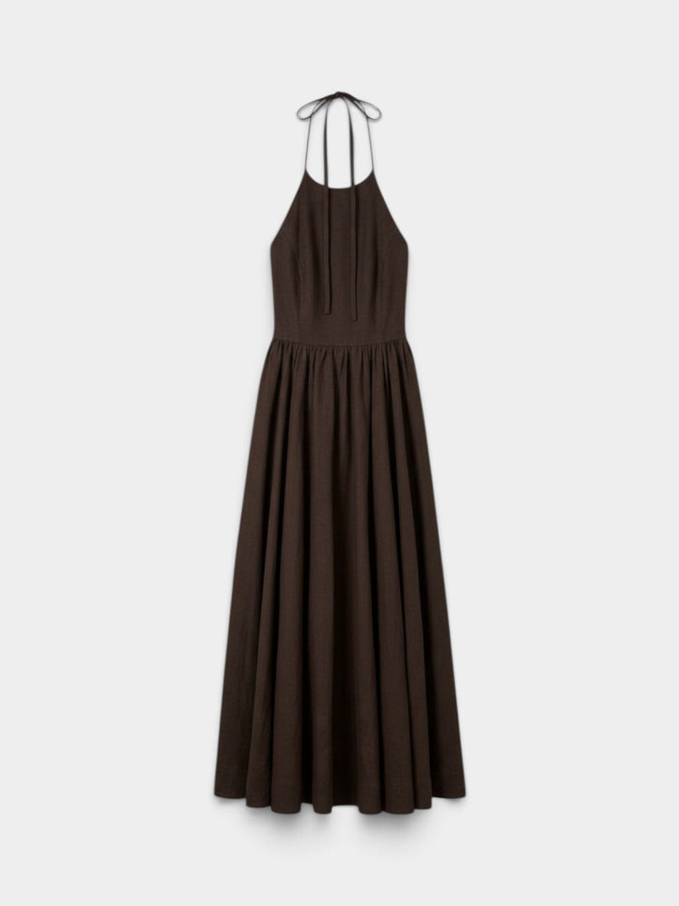 Brown Halter Maxi Dress with Smocked Waist