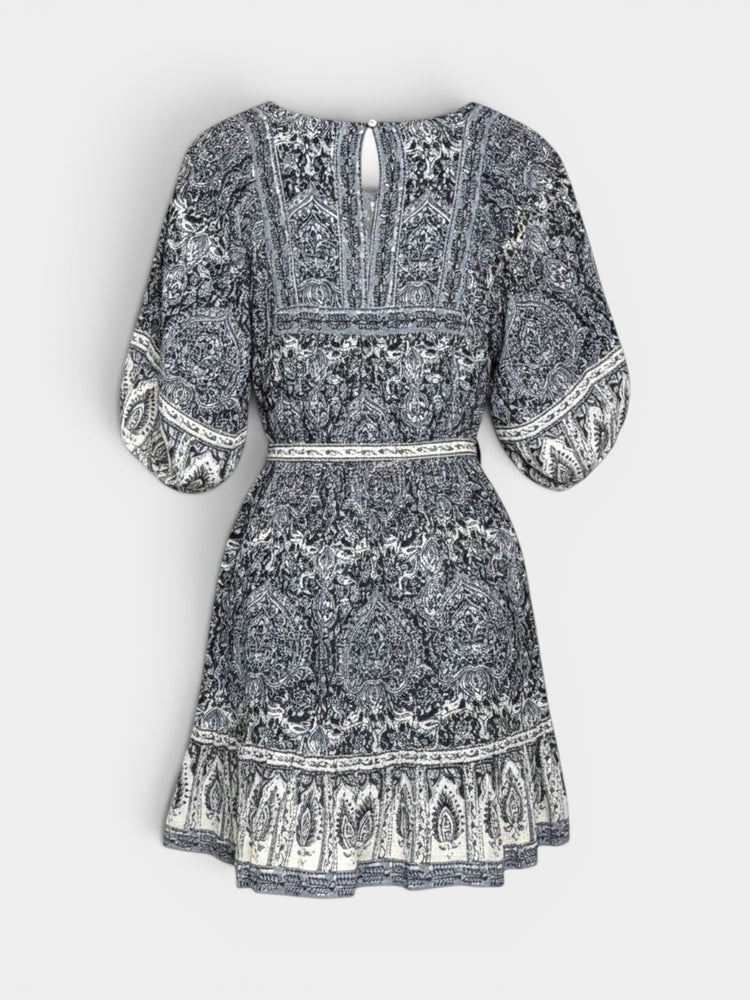 Paisley Print Mini Dress with Tassel Detail and Tie Waist