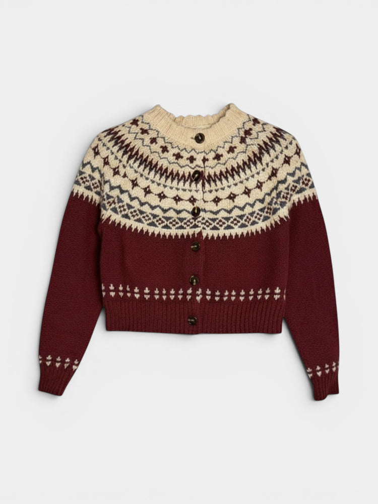 Burgundy Fair Isle Yoke Cropped Cardigan