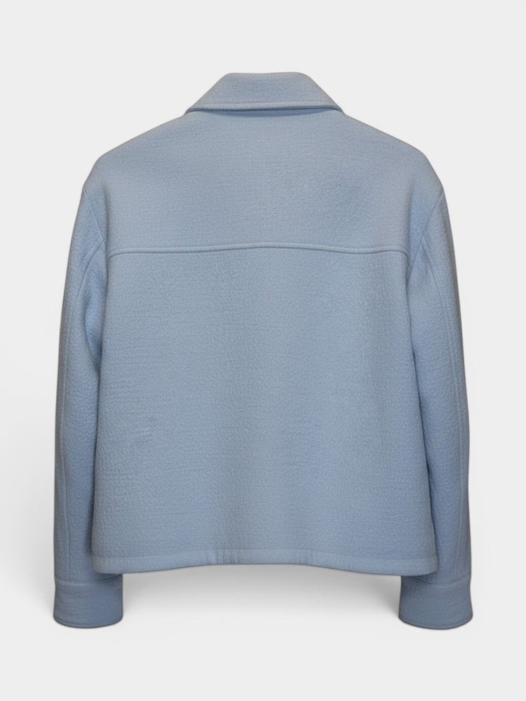 Light Blue Textured Cropped Jacket with Gold Buttons