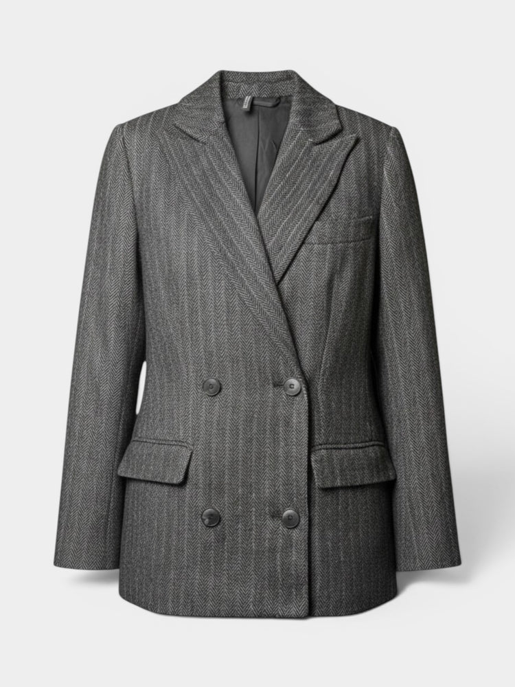 Gray Herringbone Pinstripe Double-Breasted Blazer