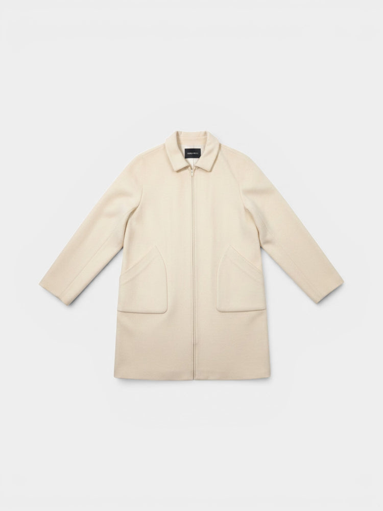 Ivory Wool Zip-Front Midi Coat