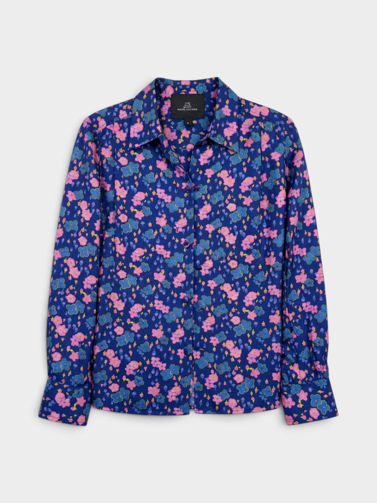 Navy Floral Print Long-Sleeve Button-Down Blouse