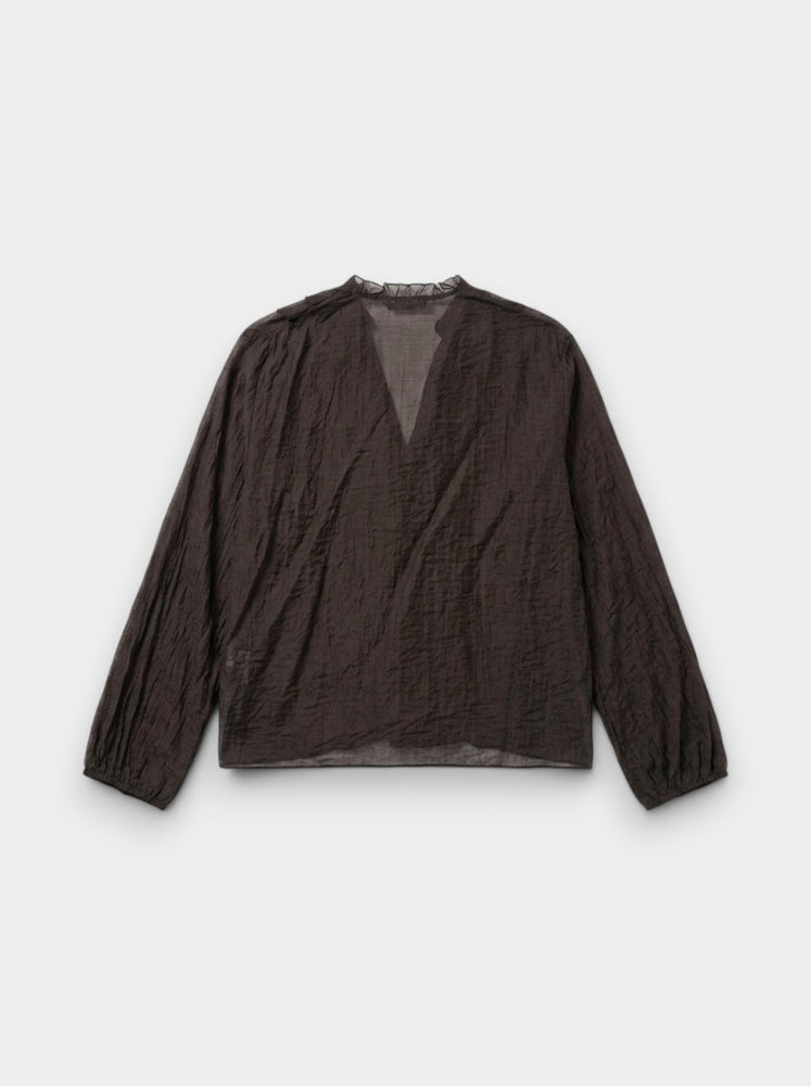 Dark Brown Sheer Ruffle Front Blouse