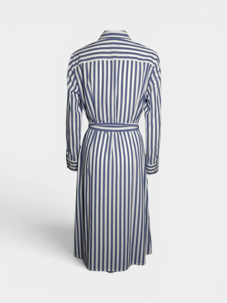 Striped Long-Sleeve Belted Midi Shirtdress