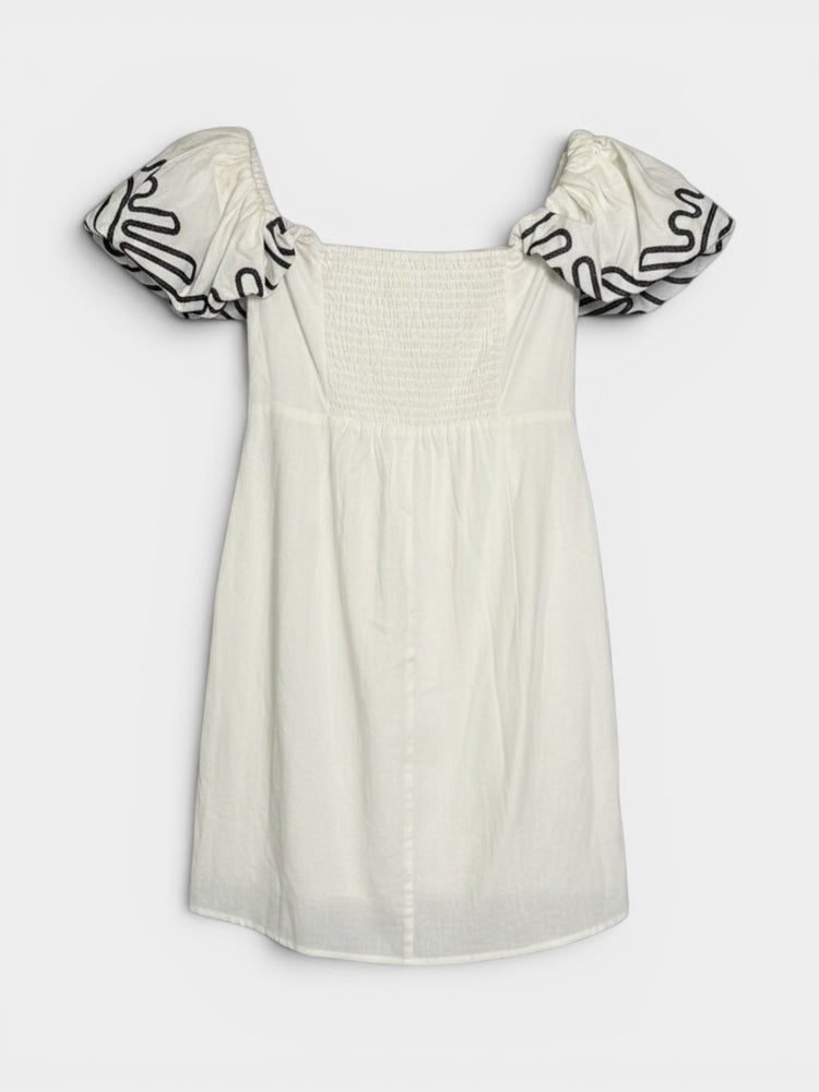 Ivory White Mini Dress with Embroidery and Puff Sleeves