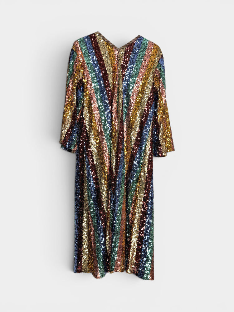 Multicolor Rainbow Sequin Striped Long-Sleeve Midi Duster