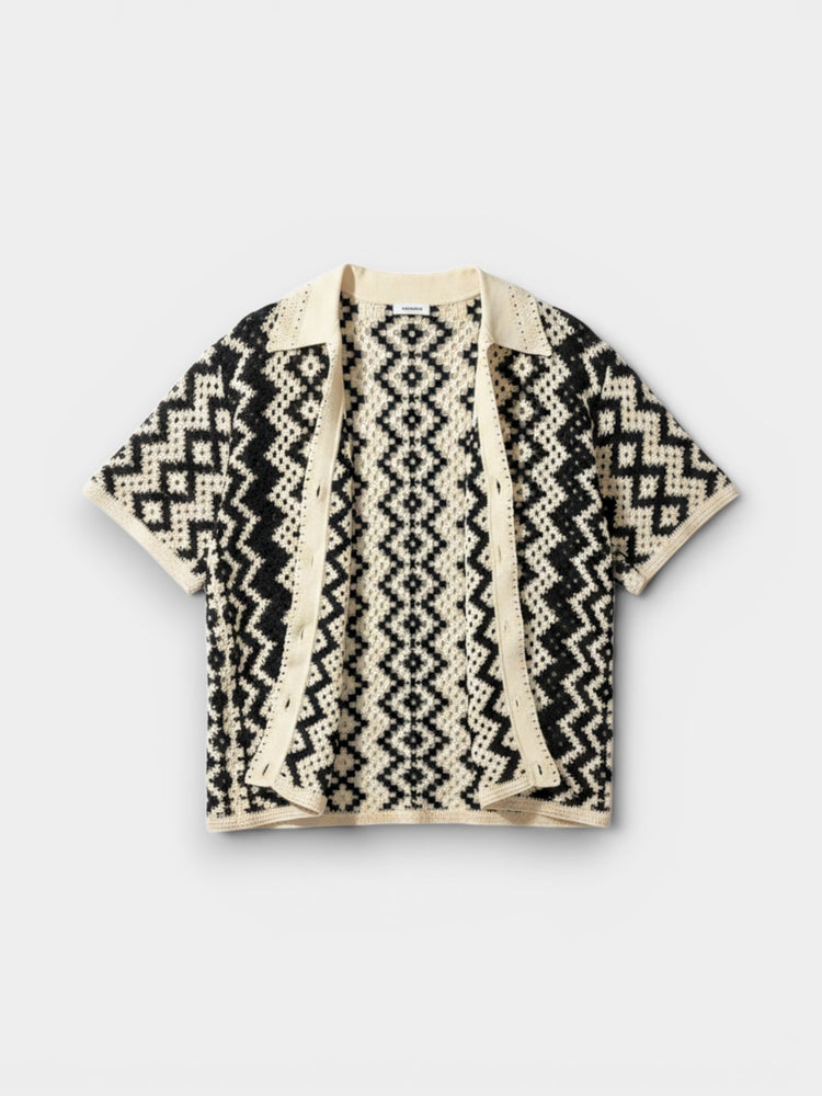 Ivory Black Geometric Crochet Short-Sleeve Cardigan