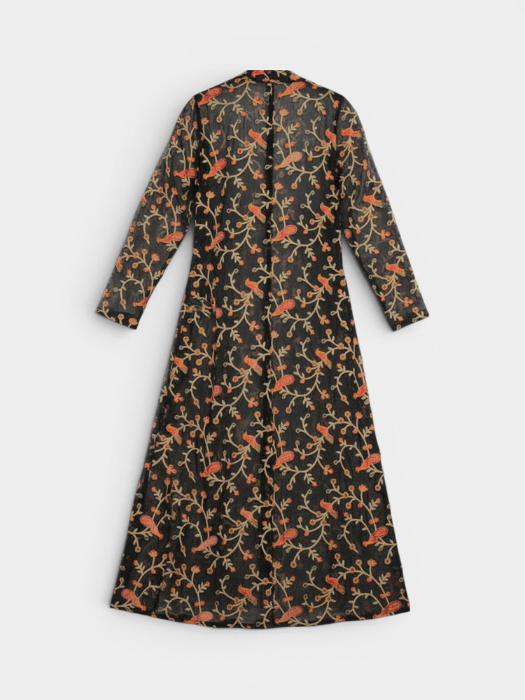 Black Embroidered Print Maxi Duster Coat