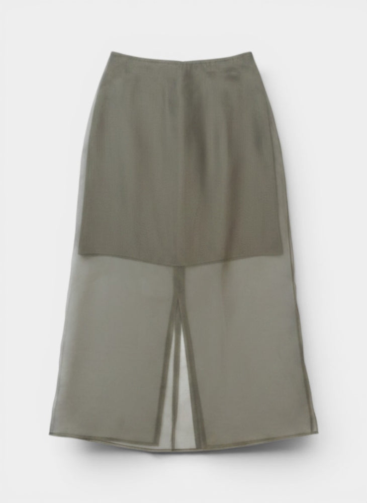 Khaki Green Mixed Fabric Sheer Panel Midi Skirt
