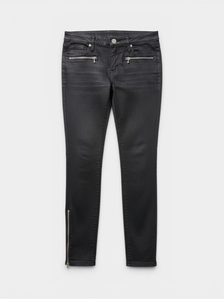 Black Wax Coated Skinny Jeans with Zip Detail