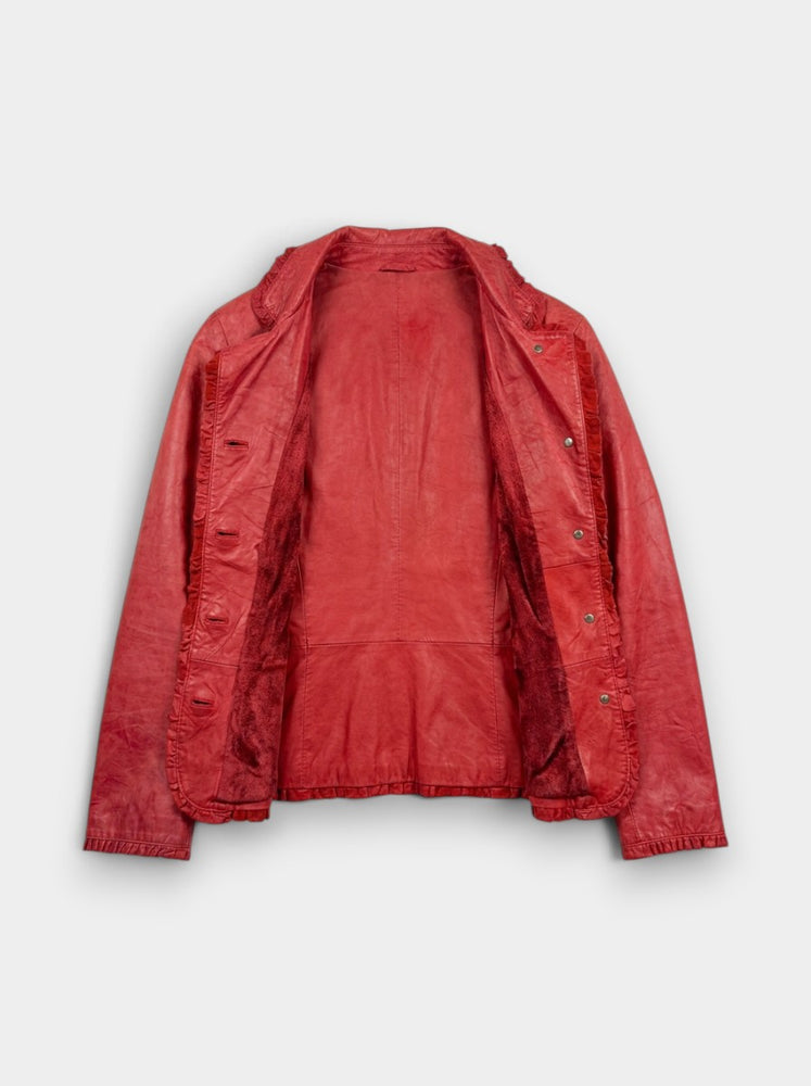 Red Genuine Lamb Leather Ruffle-Trim Button-Front Jacket