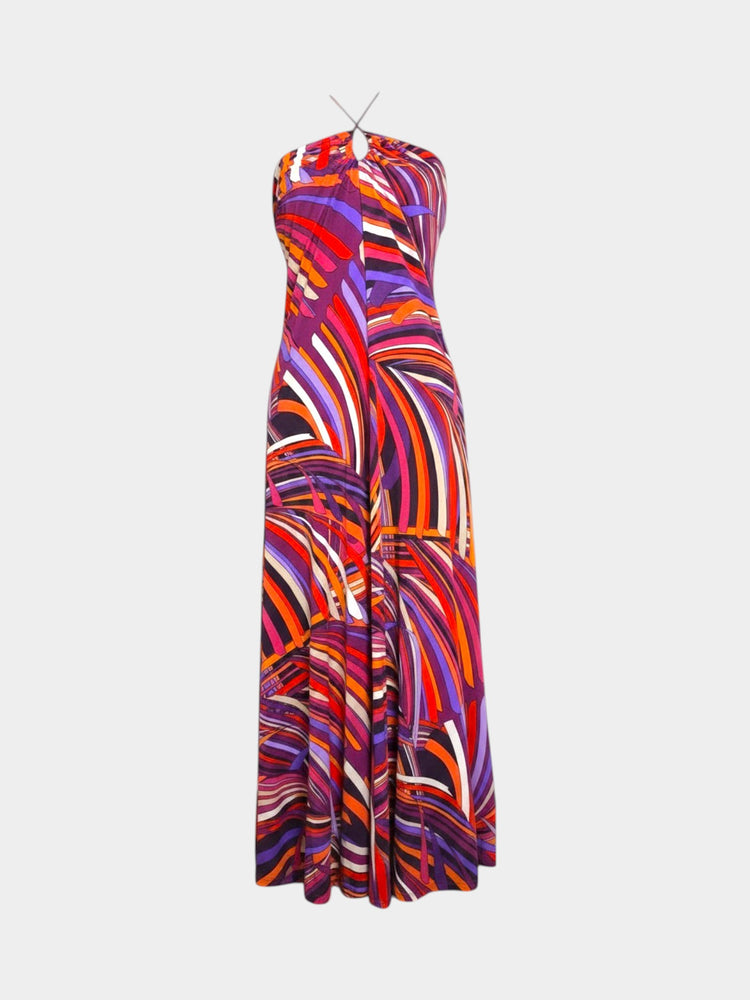 Purple Abstract Swirl Print Halter Maxi Dress