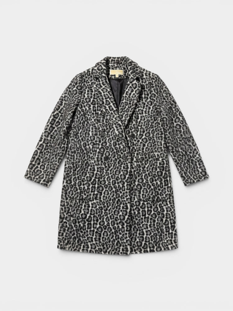Gray Leopard Print Wool Blend Double-Breasted Coat