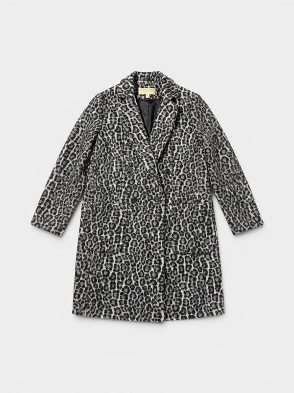 Gray Leopard Print Wool Blend Double-Breasted Coat
