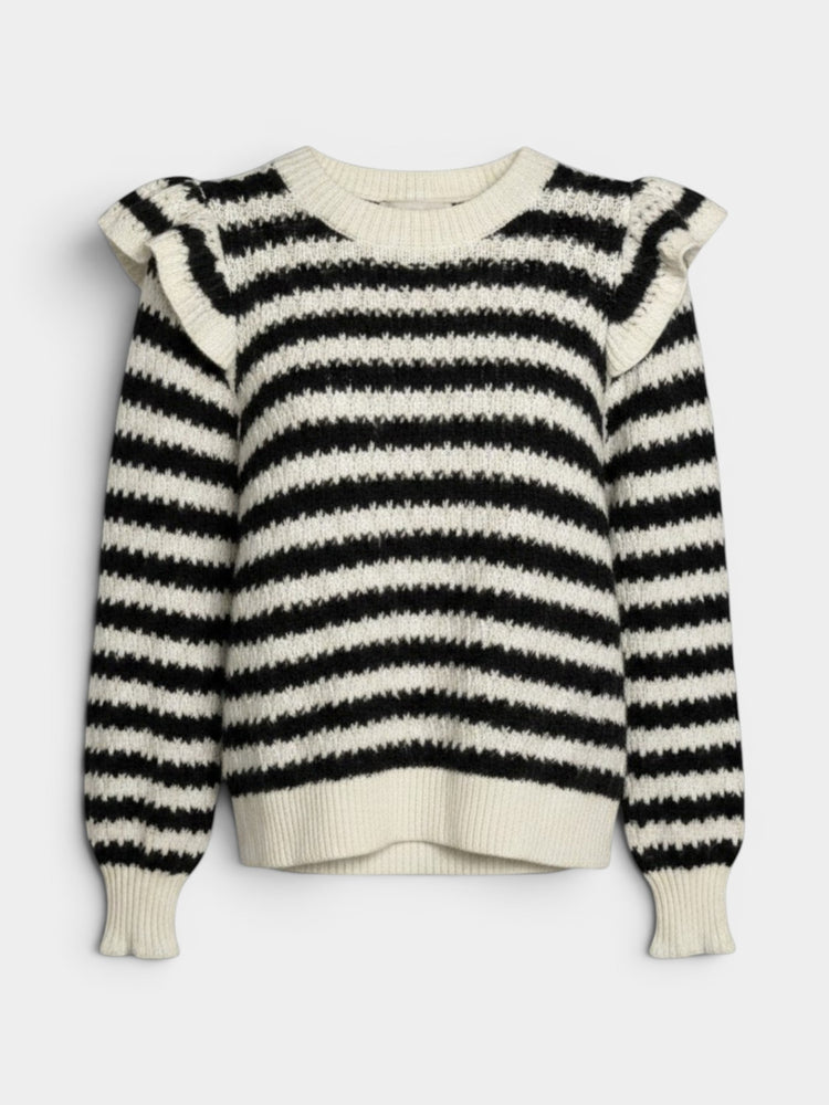 Black and Ivory Striped Ruffle Shoulder Knit Sweater