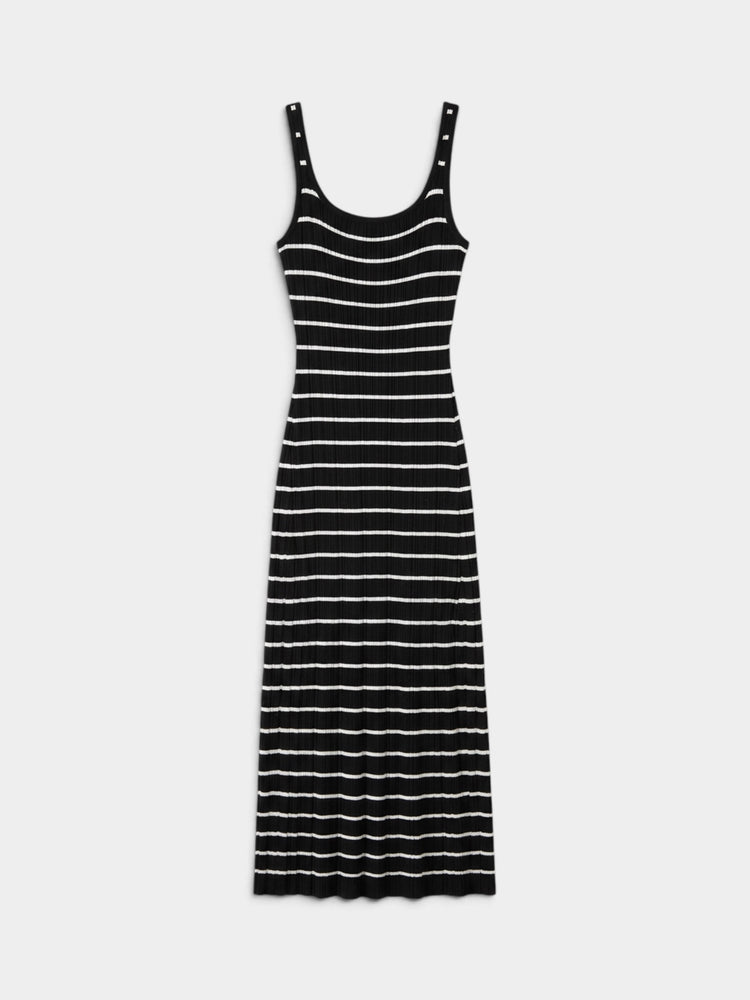 Black and White Striped Ribbed Knit Scoop Neck Maxi Dress