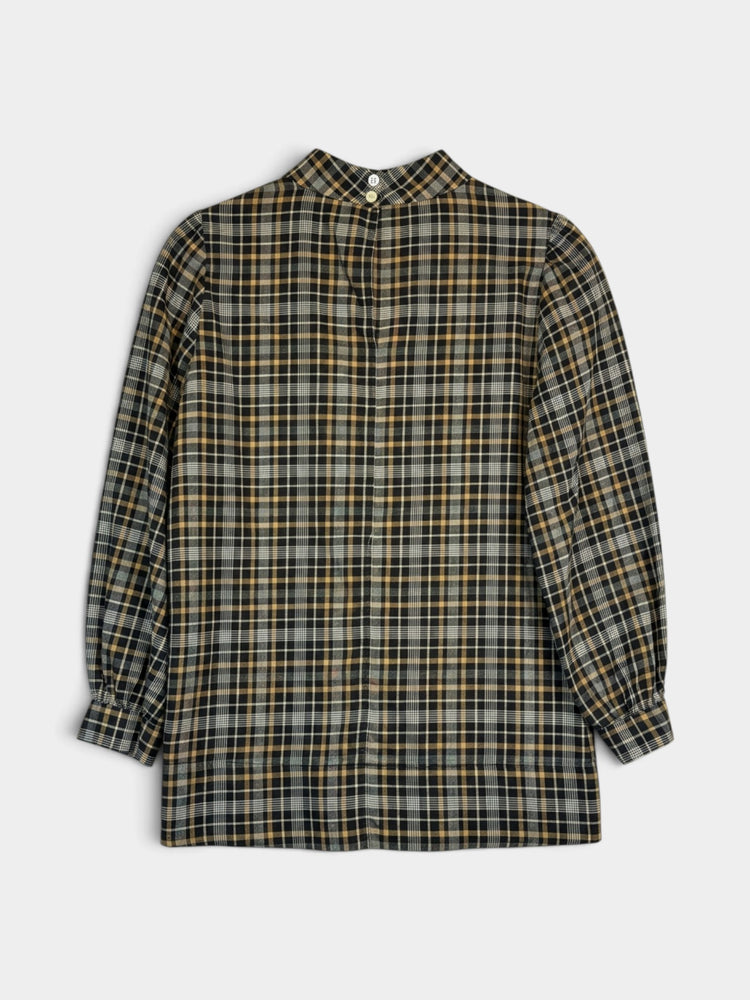 Black Plaid Cotton Flannel Gathered Collar Blouse
