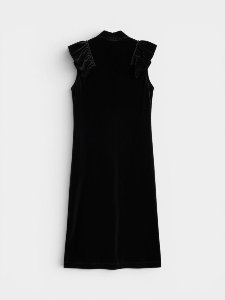 Black Velvet Sleeveless Open-Front Ruffle Duster