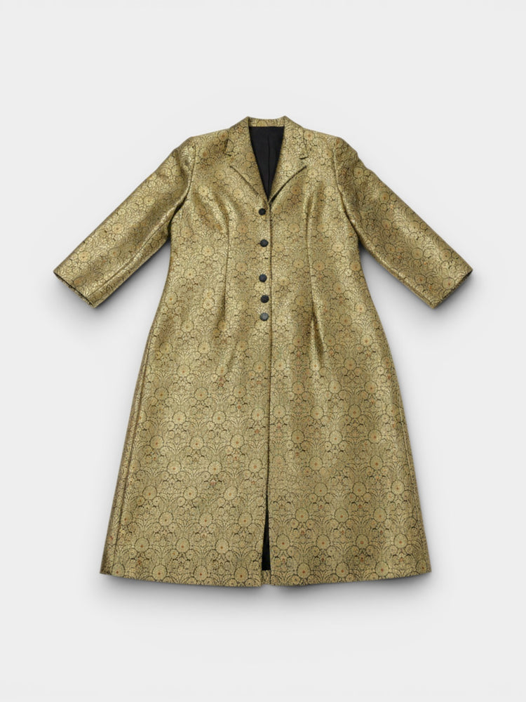 Gold Metallic Floral Brocade Midi A-Line Coat