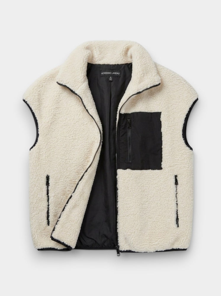 Ivory Faux Sherpa Zip Vest with Black Contrast Trim