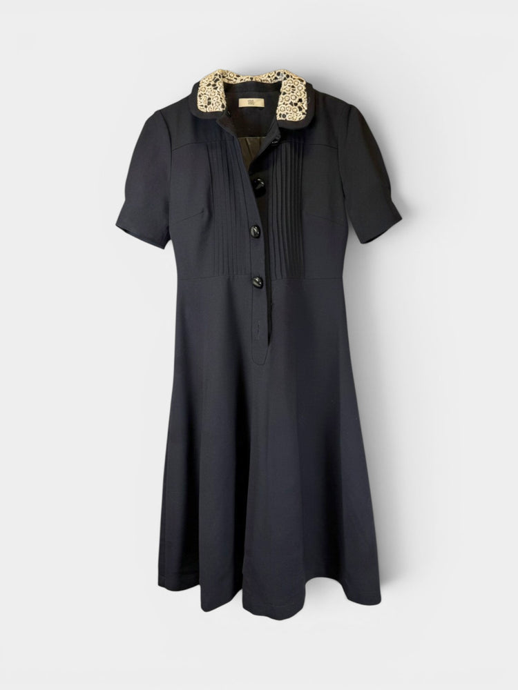 Black Fit-and-Flare Midi Dress with Lace Collar