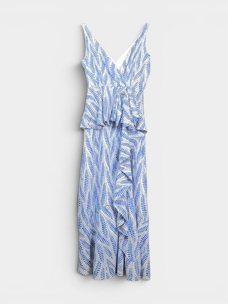 Leaf Print Wrap Midi Dress with Ruffle Detail