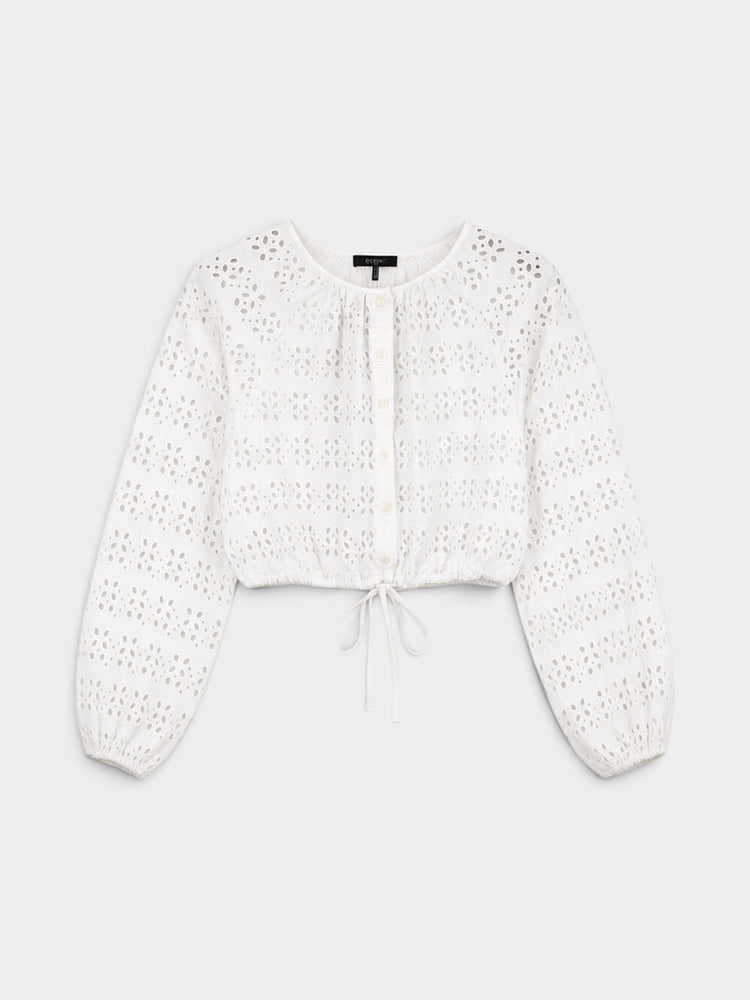 Long-Sleeve Linen-Blend Cropped Top in Eyelet