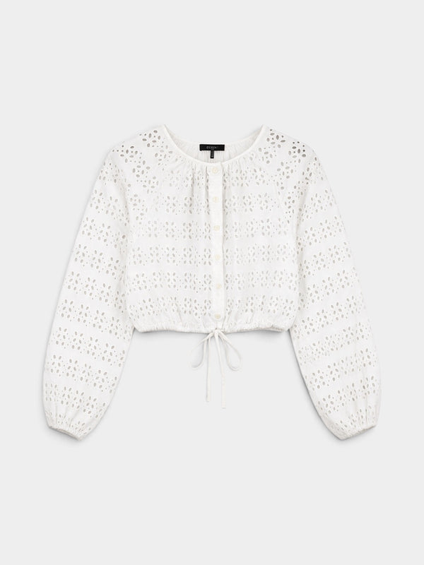 Long-Sleeve Linen-Blend Cropped Top in Eyelet