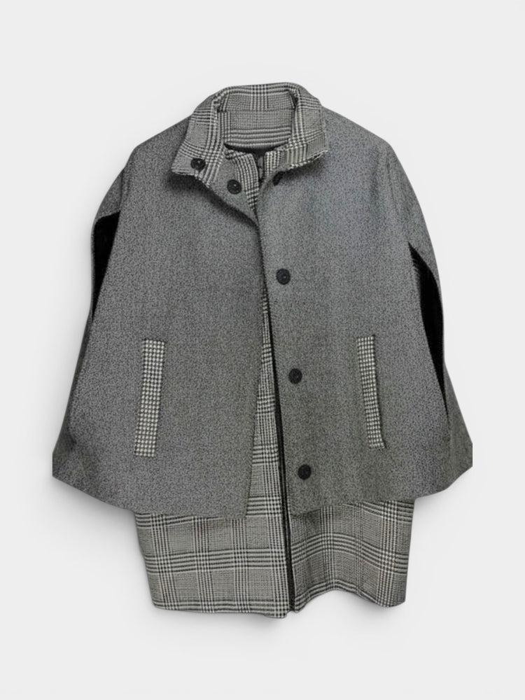 Gray Wool Blend Mixed Plaid Cape Coat