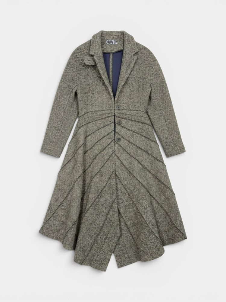 Grey Herringbone Wool-Blend Sculptural Panel Longline Coat