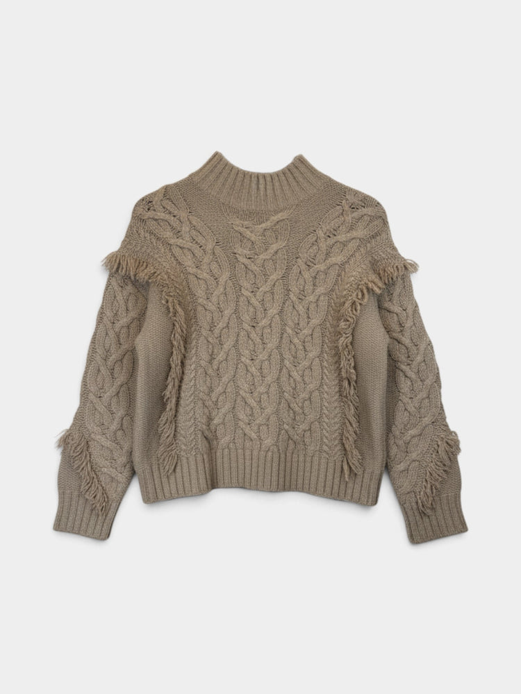 Taupe Cable Knit Fringe Mock Neck Sweater